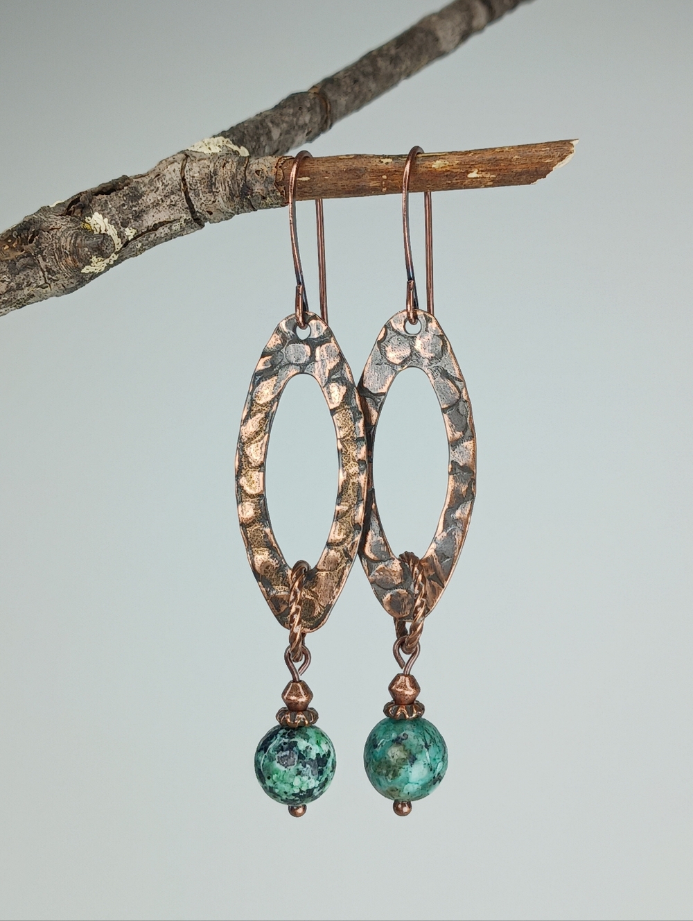 HAND CRAFTED African Turquoise Jasper Hammered Copper Rustic Dangle Earrings